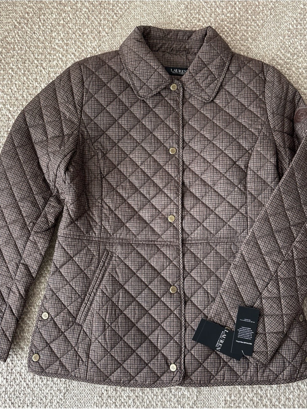 NWT Lauren Ralph Lauren Quilted Brown Houndstooth Jacket Size M Retail $170